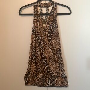 Kiwi Leopard Print Wooden & Gold Chain Open Back Halter Top Size Large